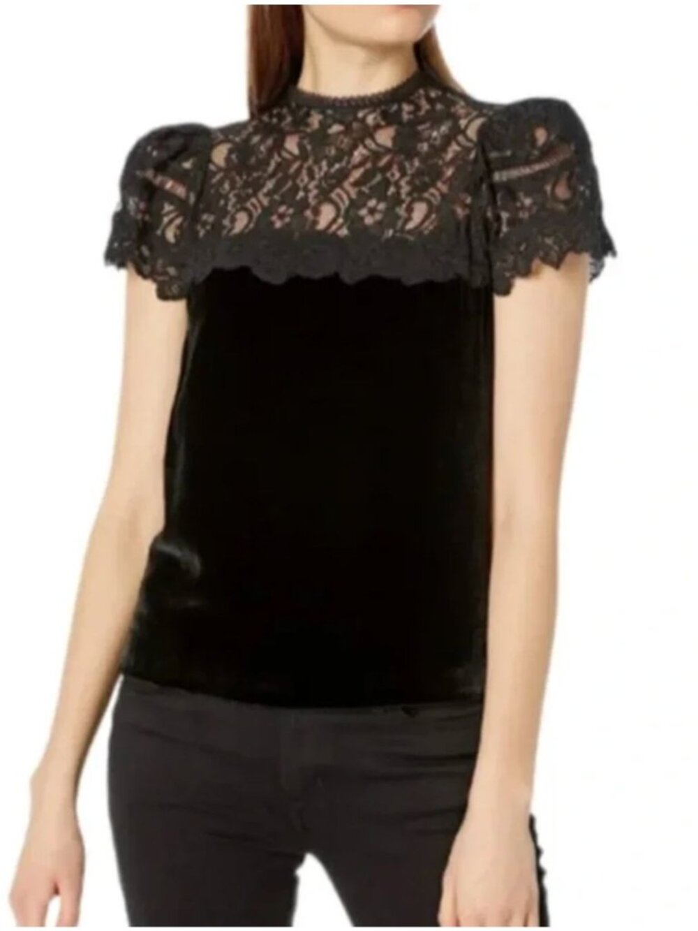 Rebecca Taylor Black Lace Trim Silk Velvet Top Size 2